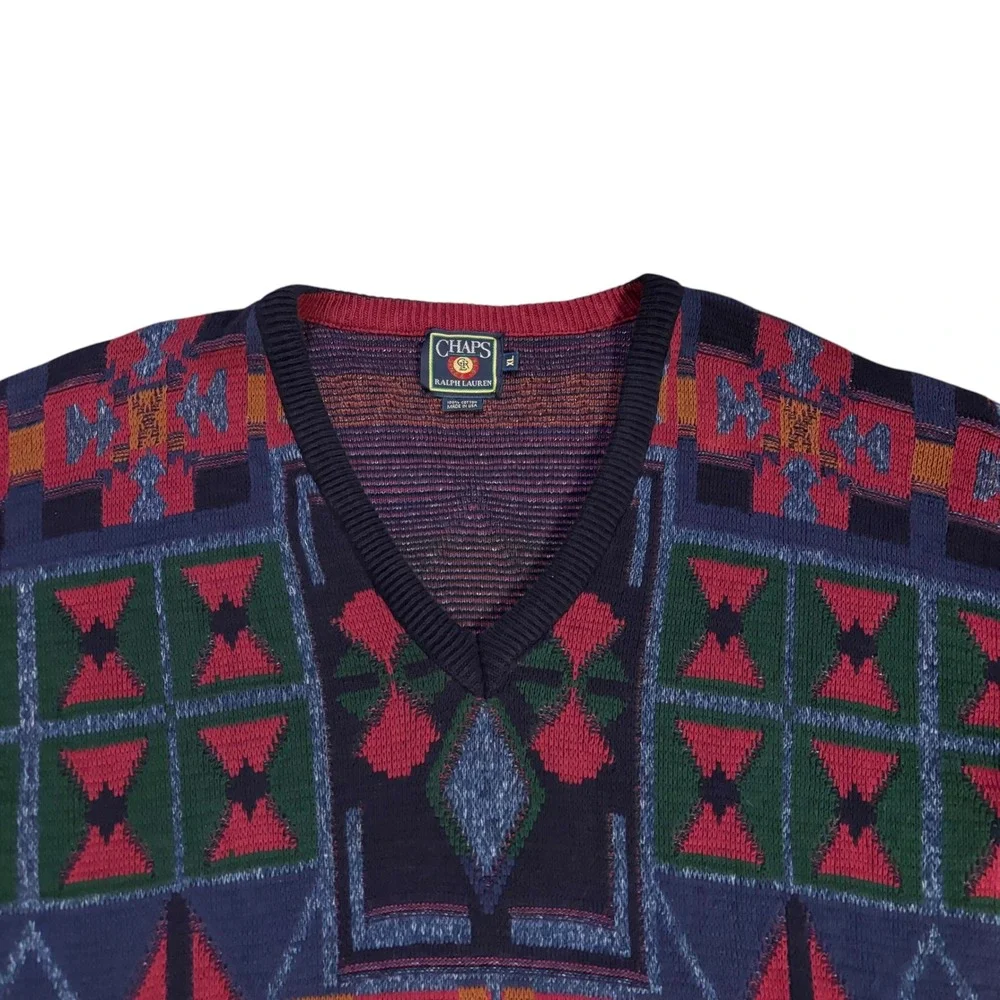 Vintage Chaps Ralph Lauren Geometric Tribal V-Neck Sweater Mens XL‎ Multi Color